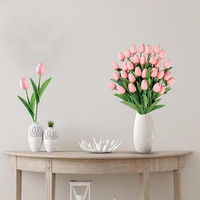 Sggvecsy 15 Pcs Fake Tulips Artificial Flowers Real Touch PU Faux Flowers Tulip Stems for Wedding Spring Bouquet Floral Arrangement Home Party Office Decorations for Mother's Day (Milk Pink)