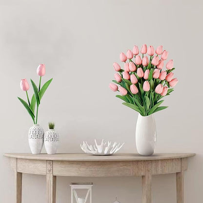 Sggvecsy 30 Pcs Fake Tulips Artificial Flowers Real Touch PU Faux Flowers Tulip Stems for Wedding Spring Bouquet Floral Arrangement Home Party Office Decorations for Mother's Day (Milk Pink)