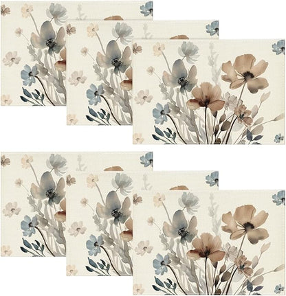 Artoid Mode Brown Poppy Floral Leaves Placemats Set of 6, 12x18 Inch Seasonal Summer Table Mats for Party Kitchen Dining Decoration