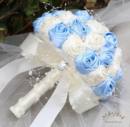 Bridal Wedding Bouquet Round Bling Brooch Bouquet Throw Toss Artificial Rose Flower Bunch for Bride Bridesmaid Wedding Quinceanera(Light Blue & Ivory, 9.8")