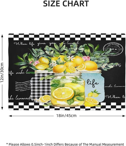 Lemon Fruit Placemats, Watercolour Lattice Black Minimalist Fruit Lemon Flower Plant Print Washable Fabric Placemats Table Kitchen Dining Party 12x18 Inch Set of 6