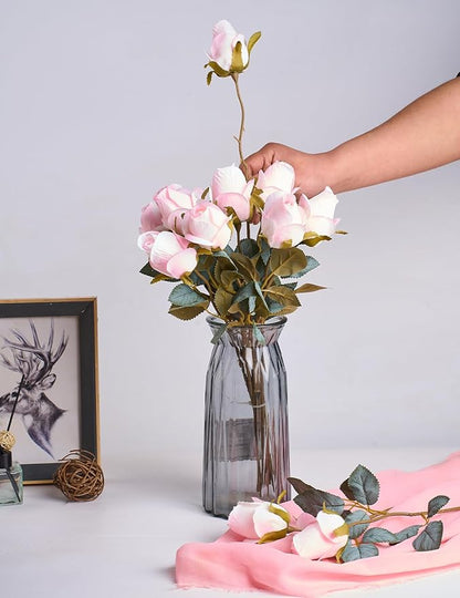 Rose Artificial Flower Buds 12pcs Realistic Faux Silk Roses Fake Flowers Bouquets Arrangements Decor for Wedding Spring Mother's Day, Home Table Decorations, Light Pink Flower