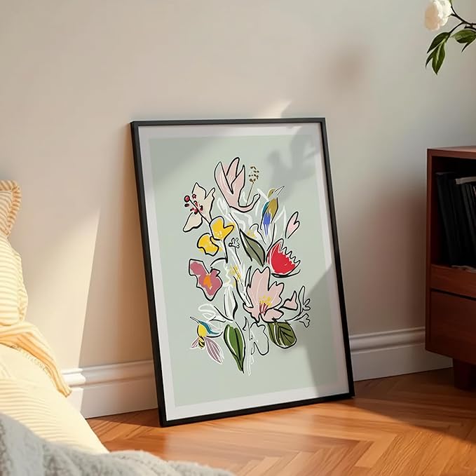 Abstract Floral Framed Wall Art for Bedroom, Colorful Botanical Canvas Prints, Hummingbird Painting Picture, Flower and Bird Wall Decor for Living Room Apartment Dorm Gallery, Hand-drawn Style Canvas Wall Art, Gifts for Friends & Family – 24" x 18"