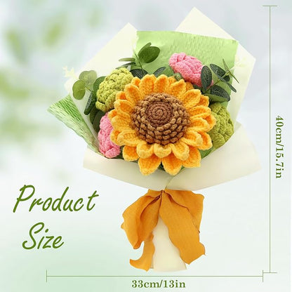 Crochet Flowers,Finished Bouquet Crocheted Cotton Thread Flowers, Handmade Crochet Rose Tulip Fern Leaf as a Gift for Lover, Friends. Artificial Flower (Brown&Green)