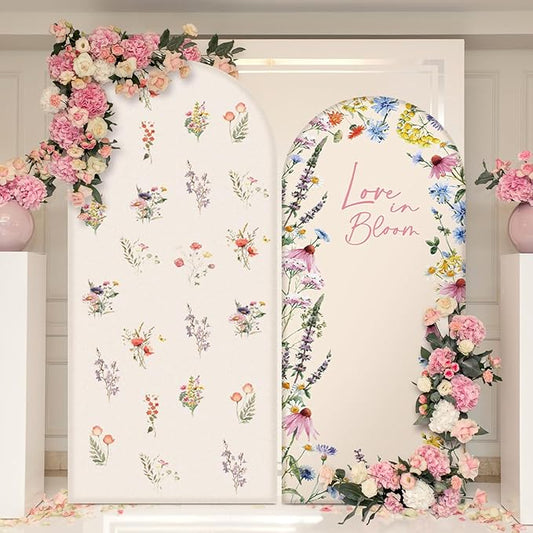 Chunful 2 Pcs Love in Bloom Bridal Shower Decorations 2-Sided Round Top Cute Wildflower Backdrop Arch Cover for Wedding Bridal Bride-to-be Engagement Wedding Party Supplies 6 ft/7.2 ft (Pink)