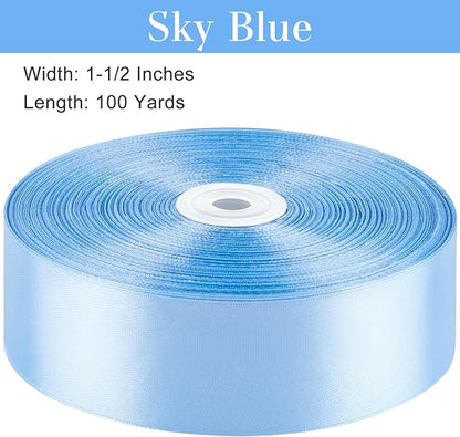 1-1/2 Inches 100 Yards Sky Blue Satin Ribbon, Solid Fabric Ribbon Roll for Flower Bouquets, Gift Wrapping, Wedding, Handmade Crafts