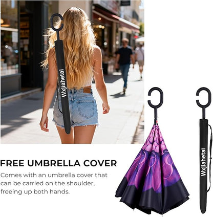 Inverted Umbrella, 49 Inch Double-Layer Vented Reverse Umbrella, Windproof Waterproof UV Protection, Lightweight C-Handle, Fiberglass Ribs, Steel Shaft, Travel/Commute/Car Use, With Sleeve