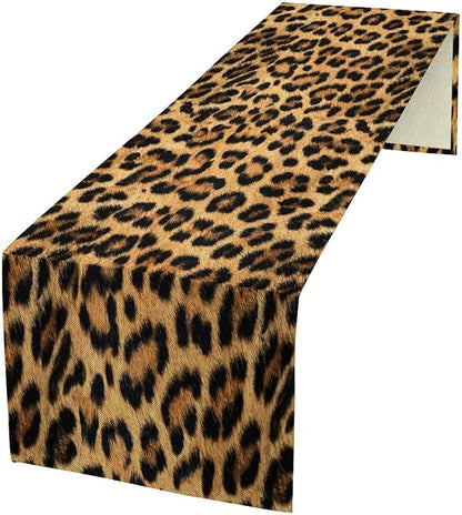 Leopard Skin Print Table Runner, Vintage Cottage Country Farmhouse Wildlife Brown Safari Animal Skin Dinner Runner for Home Kitchen Dining Table Party Holiday Decor 13x90in