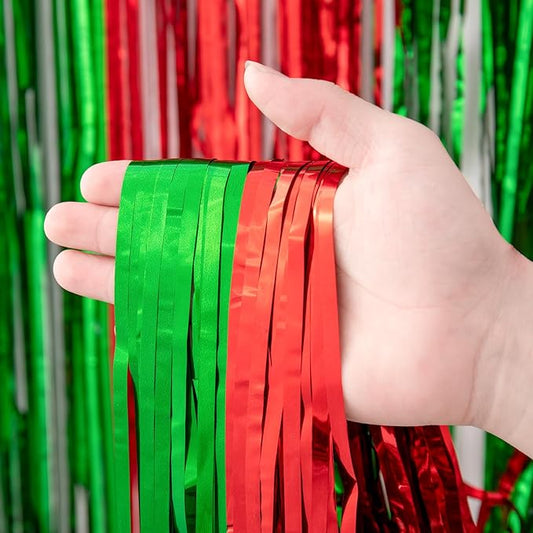 3 Pack 3.3x8.2 Feet Red and Green Foil Fringe Backdrop Curtains, Tinsel Streamers Birthday Party Decorations, Fringe Backdrop for Graduation, Baby Shower, Gender Reveal, Disco Party