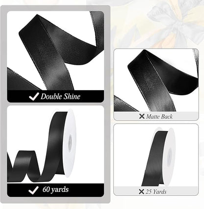Black Ribbon 1 inch 60 Yards Double Faced Black Satin Ribbon for Halloween Christmas Decor Gift Wrapping Crafts Hair Bows Streamers Party Graduate Gift