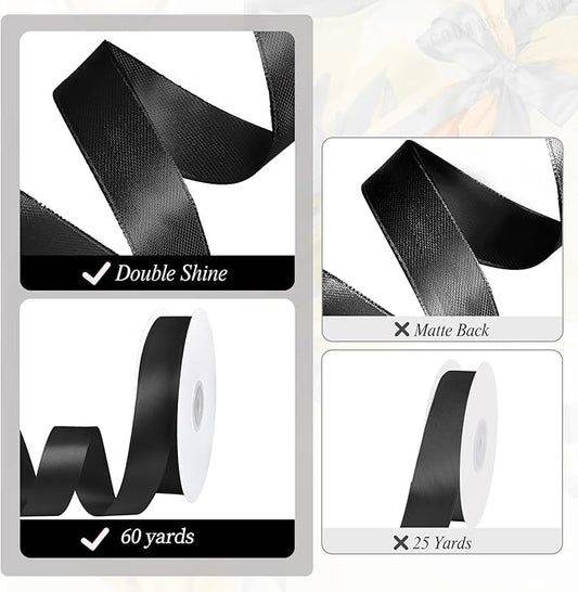 Black Ribbon 1 inch 60 Yards Double Faced Black Satin Ribbon for Halloween Christmas Decor Gift Wrapping Crafts Hair Bows Streamers Party Graduate Gift