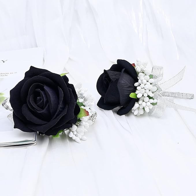 2Pcs Rose Black Corsage and Boutonniere Set, Artificial Wrist Corsage Wristlet Bracelets, Men Boutonniere for Wedding Anniversary Party Homecoming Flowers Accessories Prom Decor