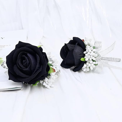 2Pcs Rose Black Corsage and Boutonniere Set, Artificial Wrist Corsage Wristlet Bracelets, Men Boutonniere for Wedding Anniversary Party Homecoming Flowers Accessories Prom Decor