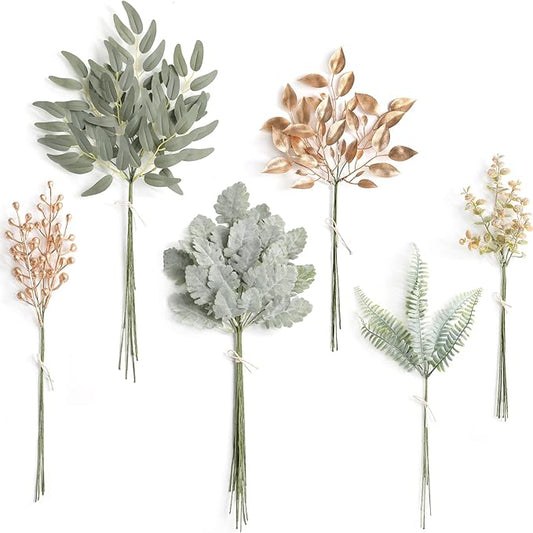 Serra Flora Artificial Greenery Spray Box Set(Pack of 54pcs) with 6 Kinds of Golden Green Filler for Wedding Bouquet Table Centerpieces and Floral Arrangement (Golden&Green)