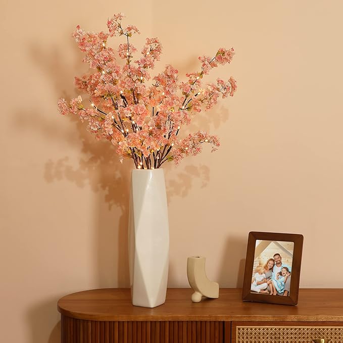 Sunm Boutique 3 PCS Silk Cherry Blossom Branches - Lighted Brown Twig Branches, Artificial White Flower Stems, 39'' Faux Tree for Wedding Home Decor