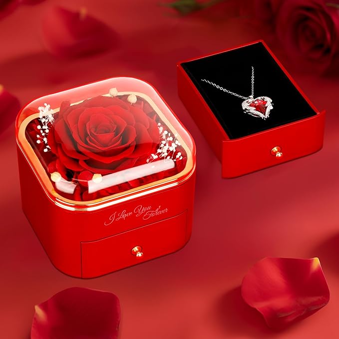 Gifts for Women Birthday, Preserved Rose with Necklace, Birthday Gifts for Mom Forever Real Rose, Large 4.3" Red Eternal Rose Gifts for Girlfriend Grandma Mom Wife Gifts for Anniversary