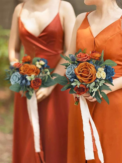 Rinlong 1Pc Fall Wedding Bouquets for Bridesmaids Bride Terracotta Navy Blue Artificial Bridesmaid Bridal Bouquet for Wedding Prom Burnt Orange Navy Blue