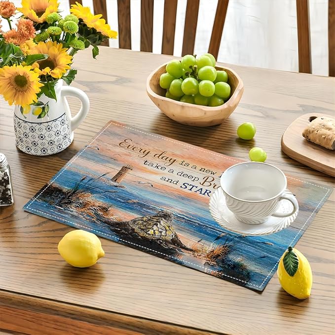 Sea Turtle Beach Summer Placemats Set of 6 Coastal Lighthouse Nautical Inspirational Quotes Double-Sided Table Mats for Dining Room Home Party Indoor 6 PCS 12x18 Inch