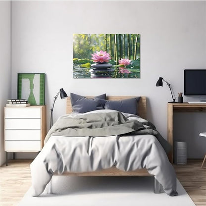 Ethereal pink lotus on obsidian Sunlit bamboo forest with sparkling water drops Poetic nature inspired wall art for tranquil homes and mindful spaces 8x12in Wood Framed