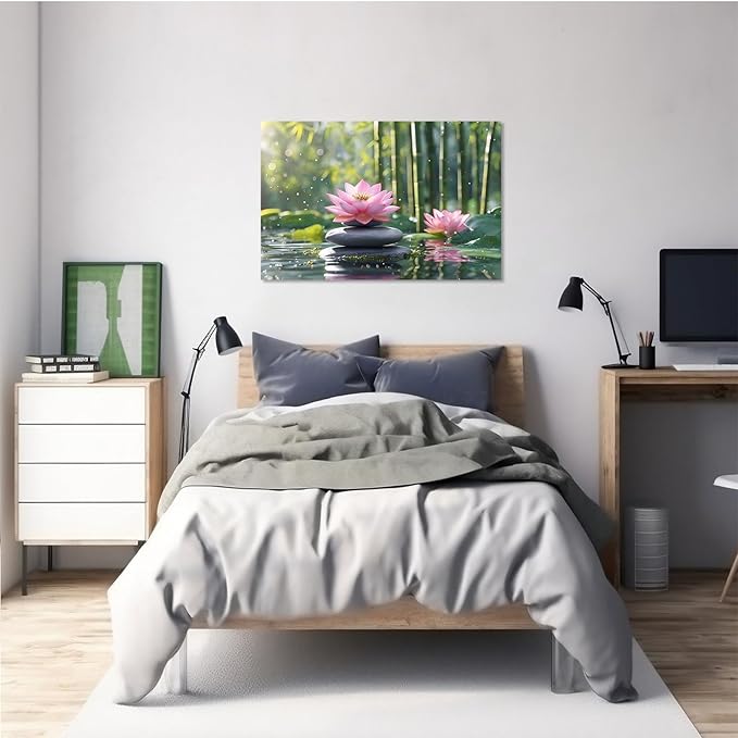 Ethereal pink lotus on obsidian Sunlit bamboo forest with sparkling water drops Poetic nature inspired wall art for tranquil homes and mindful spaces 8x12in Frameless