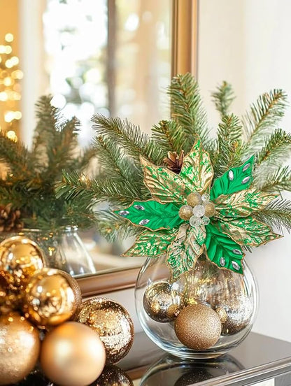 Hollyone 3PCS Poinsettia Christmas Flowers Artificial 11" Large Green and Gold Glitter Poinsettia Flowers Christmas Tree Ornament Floral Picks for Tree Wreath Garland Vase Table Centerpiece Home Decor