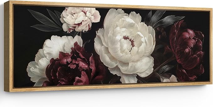 SIGNFORD Large Framed Canvas Print Wall Art Vintage Peonies Classic Floral Painting in Deep Tones Illustrations Modern Art Relax/Calm Warm for Living Room, Bedroom, Office - 60"x20"