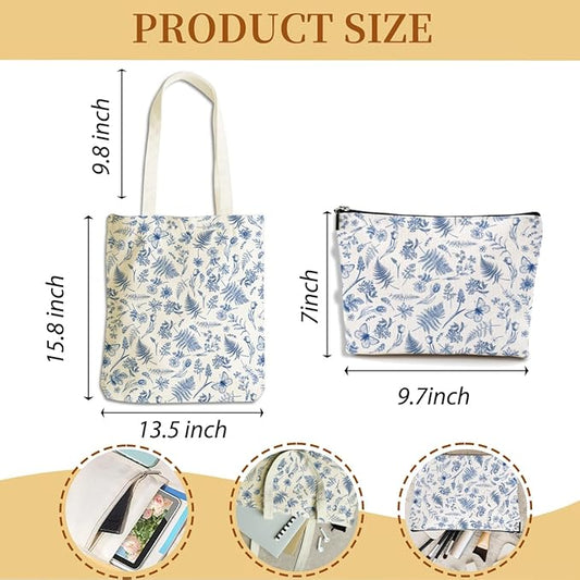 Flower Plant Lover Gifts for Women Canvas Tote Bag with Makeup Bag Cosmetic Bags Grocery Bags for Shopping Christmas