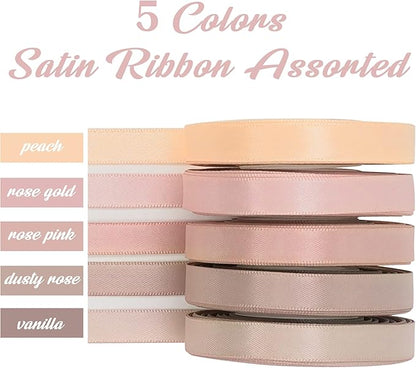 HUIHUANG Rose Pink Ribbon 3/8 inch Assorted Satin Hair Ribbons Dusty Rose Wedding Ribbon for Gift Wrapping Wedding Bridal Baby Shower Decor Floral Bouquet DIY Crafts- 50 Yards Totally