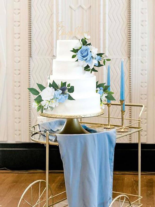 Rinlong 3Pcs Pre-made Flower Cake Topper Cake Decorations Baby Blue Wedding Cake Decorating Flowers Cake Decor Baptism Girl Women Birthday Party Bridal Baby Shower