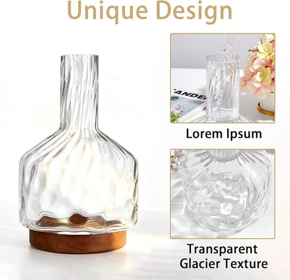 Clear Glass Vase Flower, Rippled Flower Vases with Wooden Base, 10-inch Modern Round Vases, Suitable for Living Room, Dining Room...