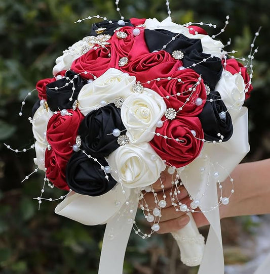 Bridal Wedding Bouquet Round Bling Brooch Bouquet Throw Toss Artificial Rose Flower Bunch for Bride Bridesmaid Wedding Quinceanera(Ruby Red, Black & Ivory, 8.7")
