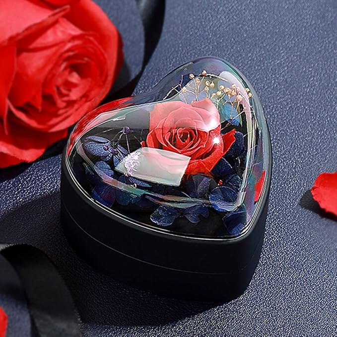 Preserved Flower Rose Ring Box, Heart Shape Velvet Jewelry Box for Valentine's Day Mother's Day Wedding Anniversary Birthday Gift, Dark Blue