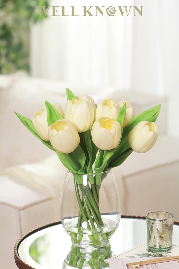 WELL KNOWN 12 Pcs Tulips Artificial Flowers in Vase, Real Touch Tulips with Vase with Upgrate Acrylic Water Flower Arrangements Centerpiece for Dining Room Table Decoration（Cream）