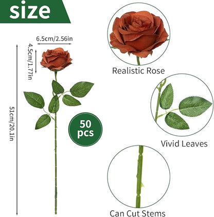 50pcs Artificial Roses Flowers in Bulk,Realistic Silk Fake Rose with Long Stem for Wedding Centerpieces Bouquet Party Floral Arrangement Home Decoration (Burnt Orange)