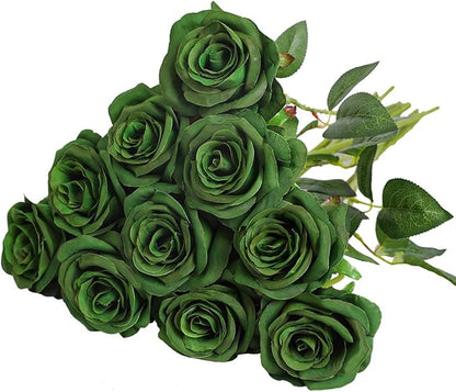 Nubry Artificial Silk Rose Flower Bouquet Lifelike Fake Rose for Wedding Home Party Decoration Event Gift 10pcs (Dark Green)