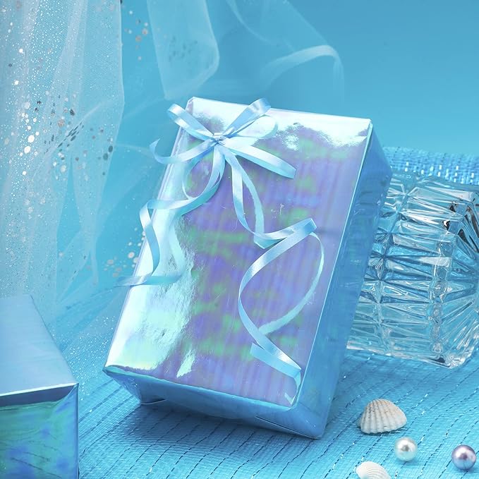 LeZakaa Blue Wrapping Paper Roll, Holographic Iridescent Wrapping Paper for Birthday, Valentine's, Mother's Day, Holiday, Large Roll, 30 inches x 32.8 Feet (92.9 sq.ft.)