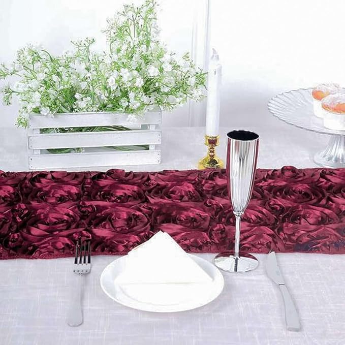 Efavormart 14"x108" Burgundy Grandiose Rosette Satin Table Runner for Party Dining Banquet Events Restaurant Kitchen Home and Multi-Use