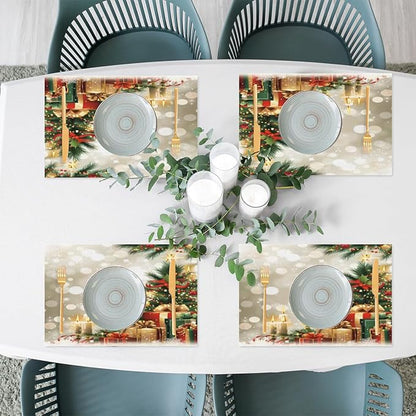 Xmas Christmas Tree Green Placemats Set of 1 PVC Vinyl Non Slip Table Mats Heat Resistant Place Mats Washable Wipeable Dining Table Mat for Kitchen Decor Party Indoor Outdoor Decorative Gift