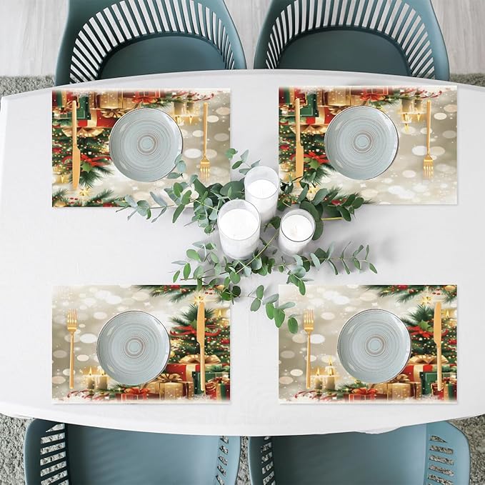 Xmas Christmas Tree Green Placemats Set of 4 PVC Vinyl Non Slip Table Mats Heat Resistant Place Mats Washable Wipeable Dining Table Mat for Kitchen Decor Party Indoor Outdoor Decorative Gift