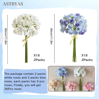 ASTRYAS Blue and White Roses Artificial Flowers, 36Pcs 108 Heads Fake Roses Flower Arrangement, Faux Silk Flowers Roses Bouquet for Home Decor Wedding Party Table Centerpieces DIY Bouquet
