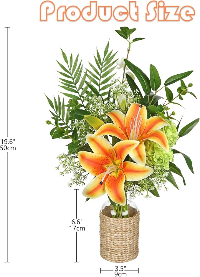 Hollyone Fake Flowers with Vase, Orange Silk Tiger Lily Artificial Flowers in Vase, Faux Plants and Flowers Arrangement Bouquets with Vases for Table Centerpieces Office Bathroom Home Decor