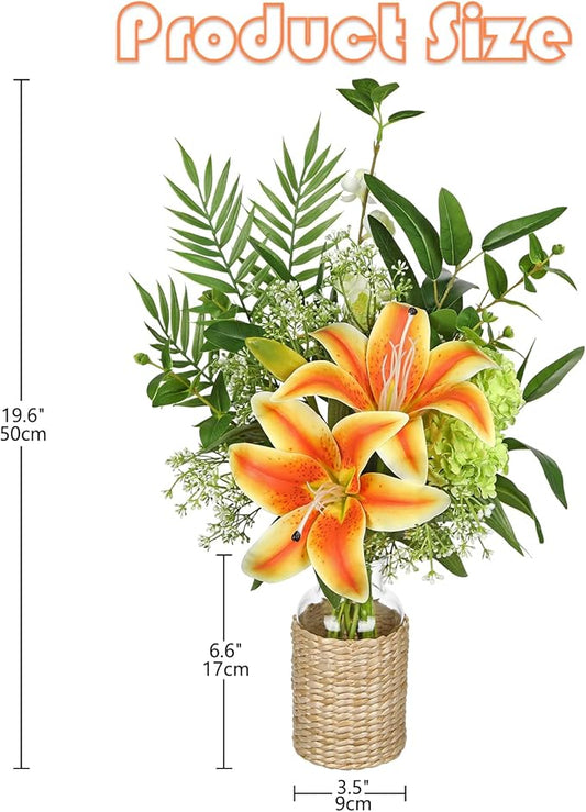 Hollyone Fake Flowers with Vase, Orange Silk Tiger Lily Artificial Flowers in Vase, Faux Plants and Flowers Arrangement Bouquets with Vases for Table Centerpieces Office Bathroom Home Decor