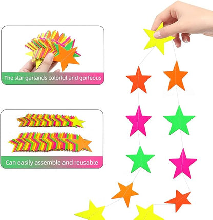 110feet UV Star Paper Neon Garland Streamers Black Light Decorations for Dark Glow Party UV Reactive Party Favors Glow in The Dark Supplies Wedding Birthday Banners