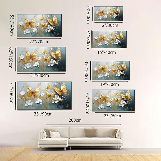 Butterfly Canvas Wall Art, Butterfly and Flower Wall Decor, Butterfly Prints, Abstract Textured Canvas Wall Art, Artwork for Walls, Oil Painting Wall Art, Wall Decor Living Room (Gold Frame, *55"x27"|140x70cm)