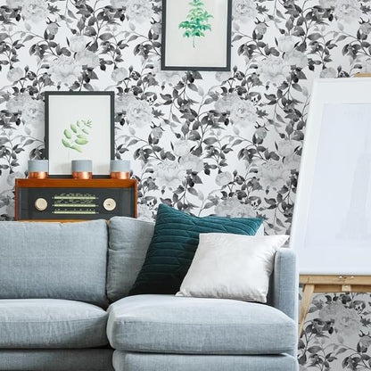 Floral Wallpaper Peel and Stick Black and White Wallpaper Self Adhesive Removable Vinyl Flower Contact Paper for Decorative Bedroom Home Wall (17.7"x236.2")