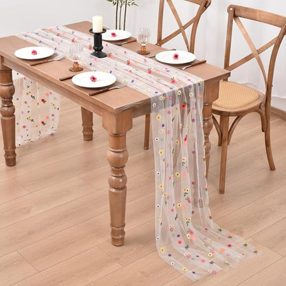 Joanlody 3pcs Ivory Embroidery Daisy Christmas Table Runner 10ft Florals Seasonal Tulle Table Runner Holiday Kitchen Dining Table Decoration for Home Party Indoor