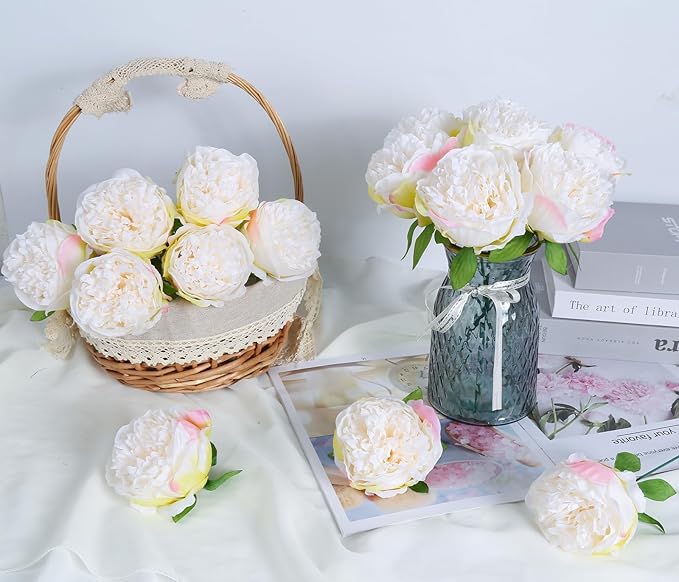 16pcs Peony Artificial Flowers Fake Peonies Bulks Cream White Silk Peonies Flowers Faux Peony Flowers Heads with Stems for Home Wedding Party Festival Baby Shower Decorations (Cream White)