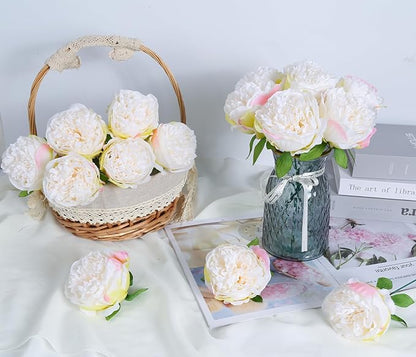16pcs Peony Artificial Flowers Fake Peonies Bulks Cream White Silk Peonies Flowers Faux Peony Flowers Heads with Stems for Home Wedding Party Festival Baby Shower Decorations (Cream White)