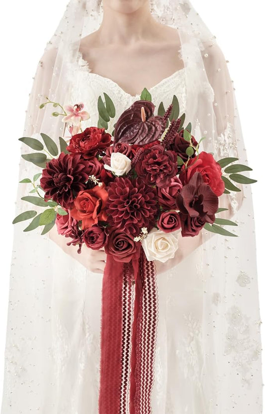 TINGE TIME 11 Inch Wedding Bouquets for Bride, Burgundy Artificial Flowers Bouquet, Brides & Bridesmaids Bouquet Tossing Bouquet for Wedding Anniversary Ceremony Bridal Shower Decorations