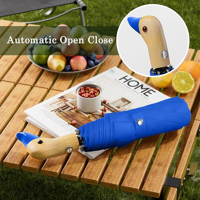 Cute Duck Umbrella Automatic - Compact Pretty Pocket Size Strong Duck Collapsible Umbrella Yellow Wooden Handle for Women